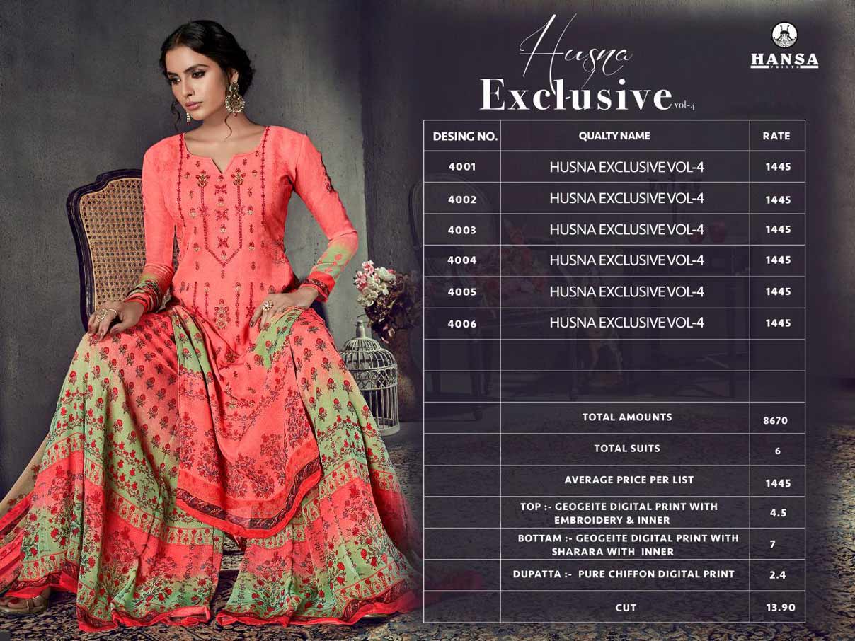 Husna Exclusive Vol-4 Hansa Print Georgette Salwar Kameez Husna Exclusive Vol-4 Hansa Print Georgette Salwar Kameez